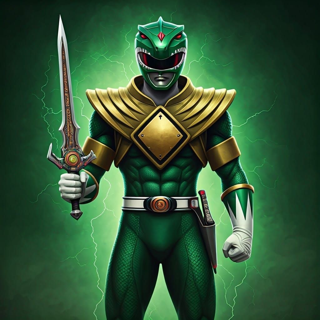 Emerald Green Power Ranger in High-Tech Battle Suit with Gol...