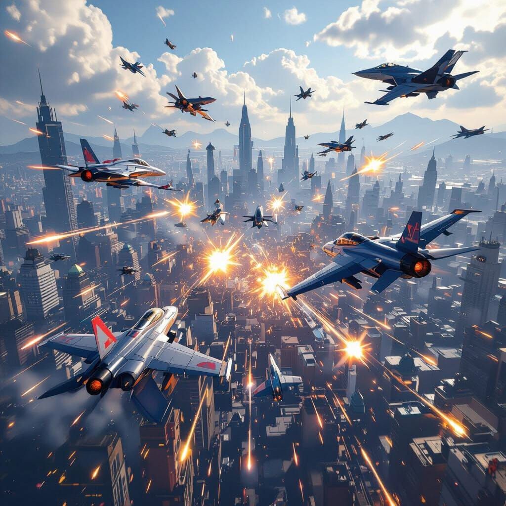 Aerial Battle Above Cityscape in 3D Anime Style