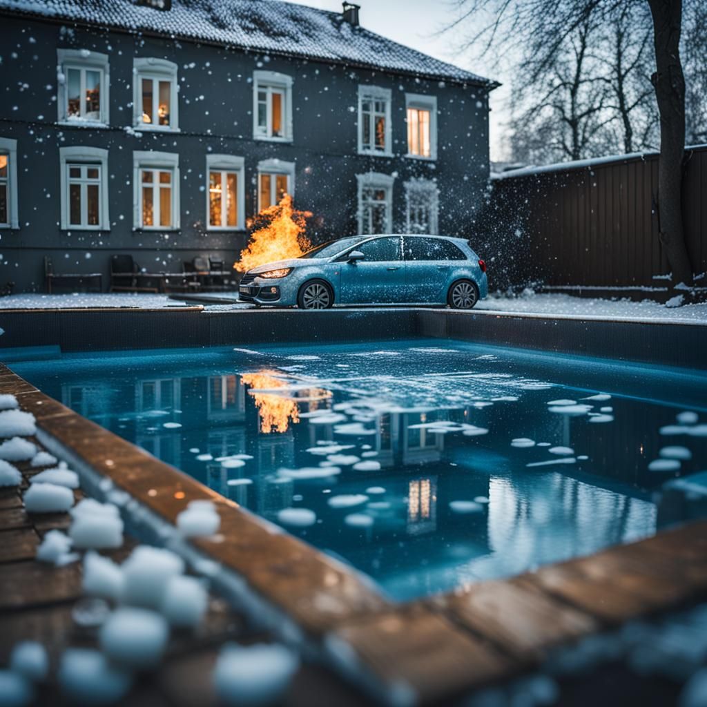 Icy Spring: Pool, Old House, Burning Car