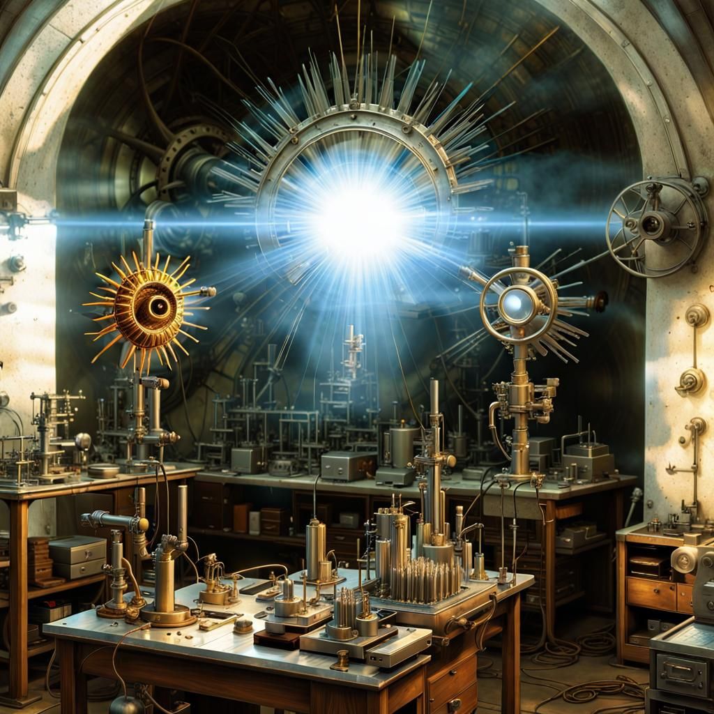 Surreal Laboratory with Scientific Objects in God Rays