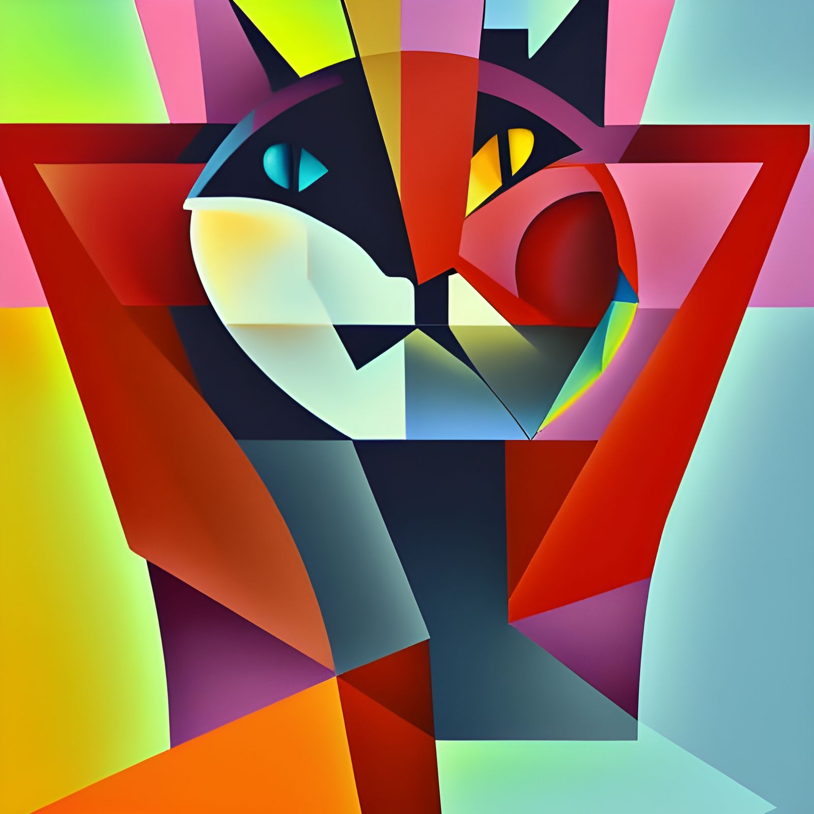 Colorful Cubist Cat with Geometric Art Deco Elements