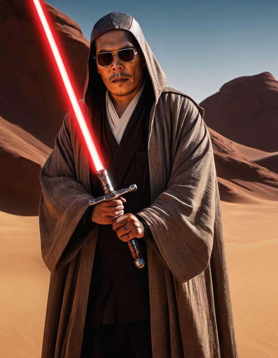 Jedi Master in Tatooine Sunset, Wielding Red Lightsaber