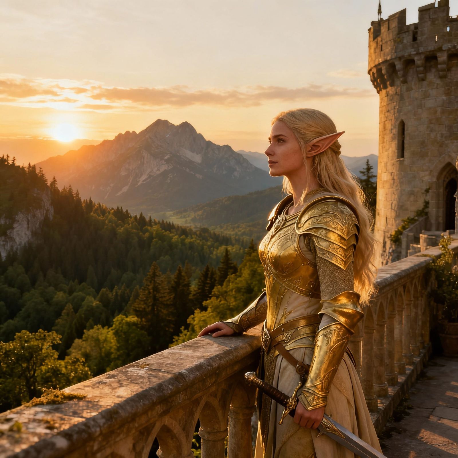 Elven Warrior Woman on Castle Balcony at Sunrise