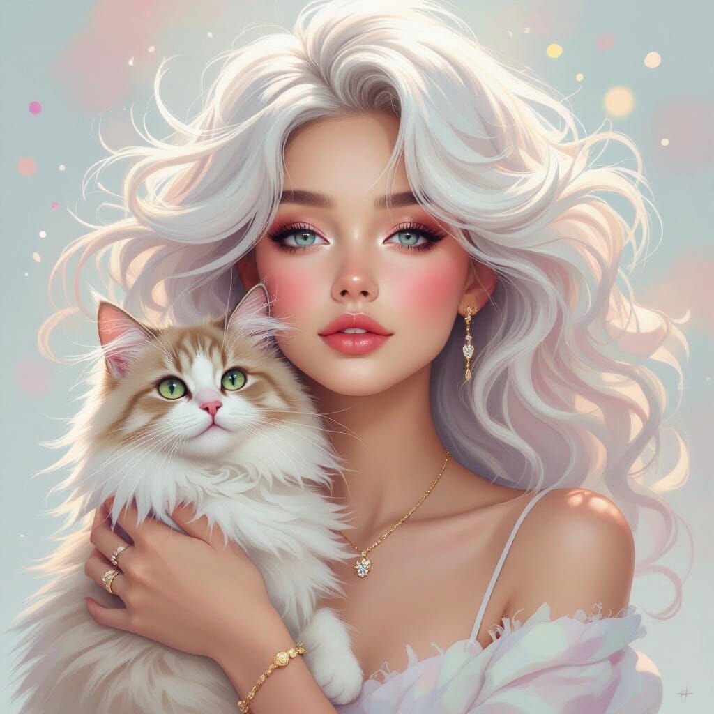 Radiant Woman with Cat in Surreal Hand-Painted Style