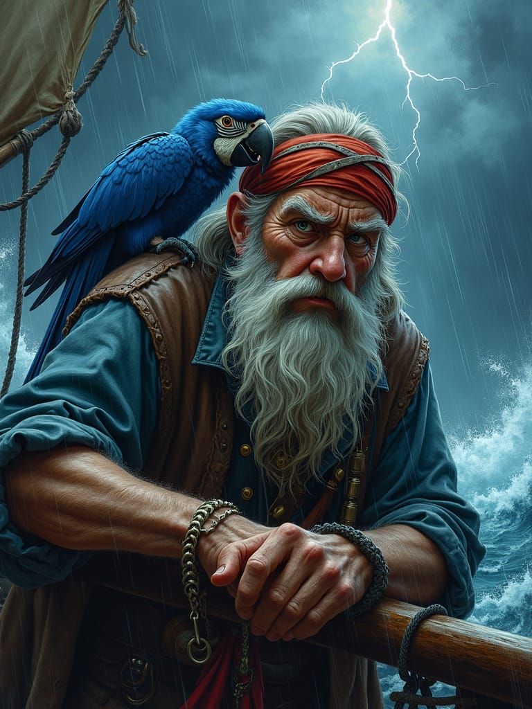 Grizzled Pirate in Tempestuous Seas: Oil Painting