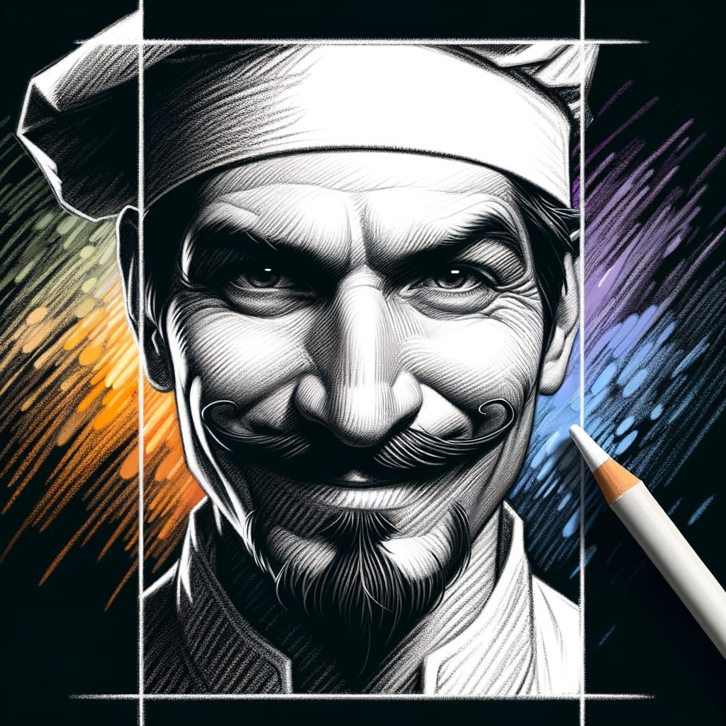 Sly French Chef in White Outline Sketch Style
