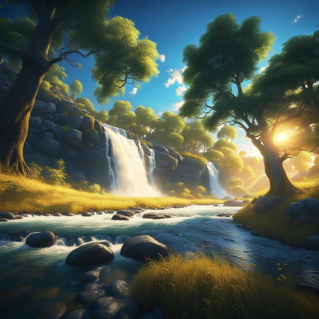 Lush River Waterfall with Golden Sunlight, Detailed Matte Pa...