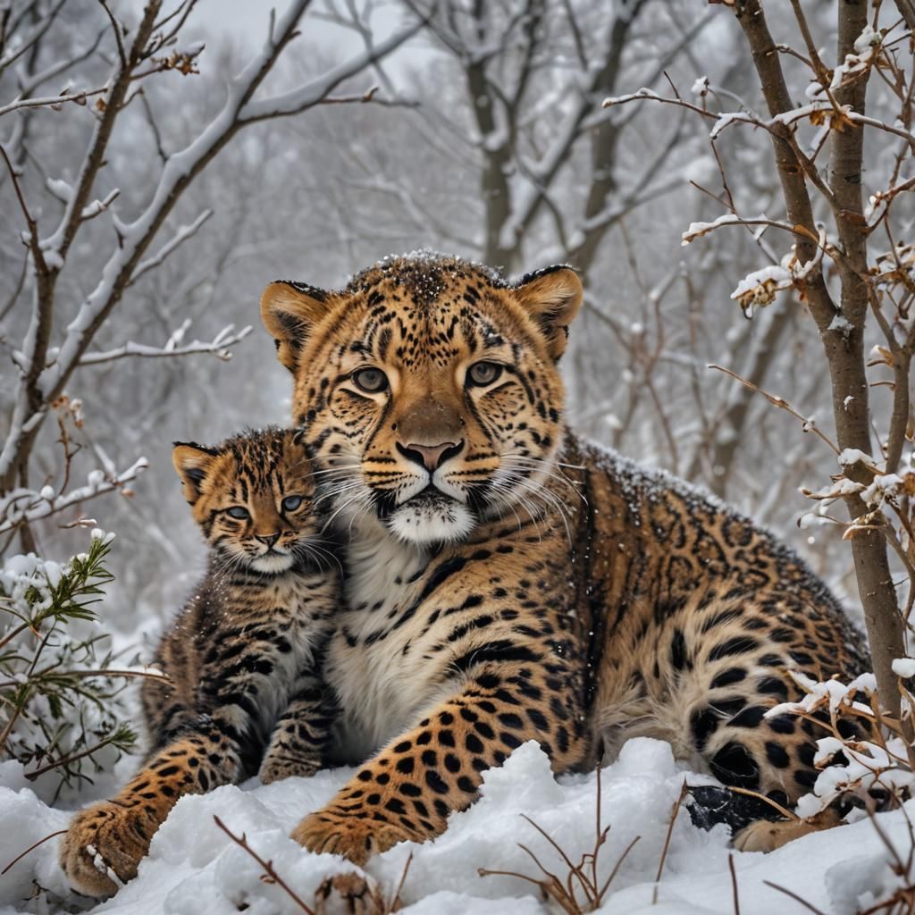 Un bébé couché dormant avec un bébé chaton léopard des neiges dans la neige, il neige, détails complexes, HDR, magnifiqu...