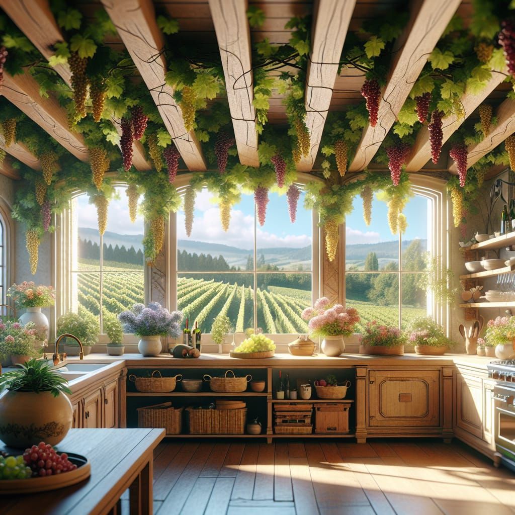 French Country Kitchen with Grape Vines, Japanese Animation ...