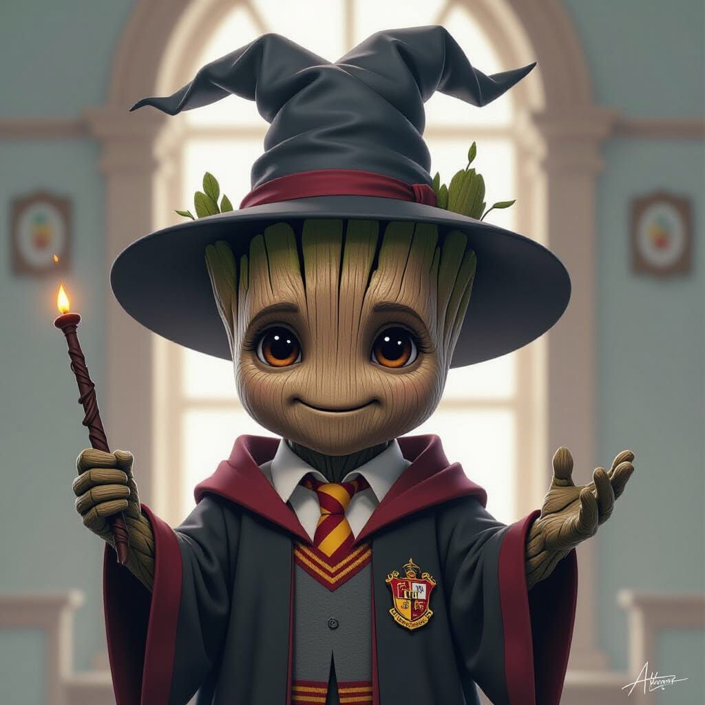Baby Groot in Sorting Hat, Concept Art Style