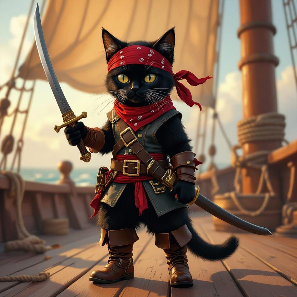 Pirate Cat on Ship Deck, Golden Lighting