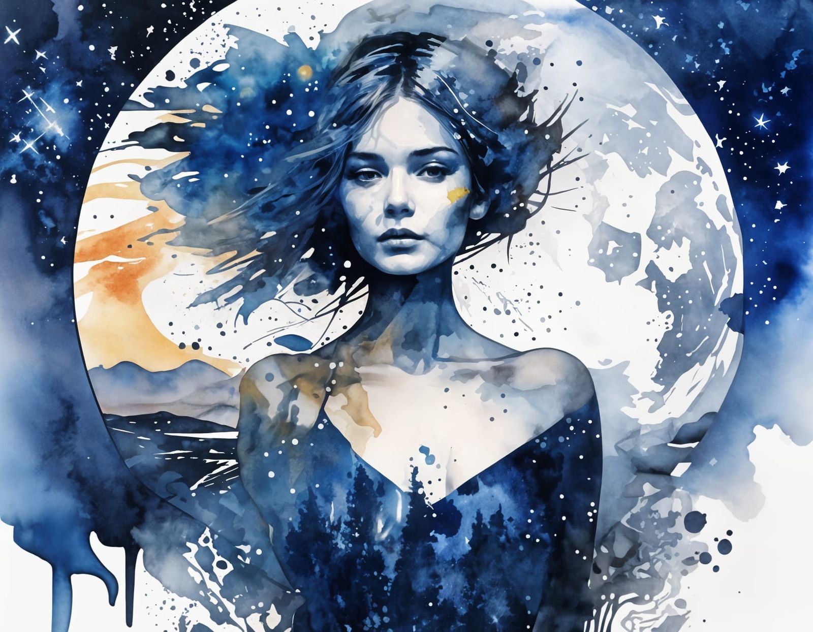 Cosmic Silhouette: Watercolor Double Exposure Art