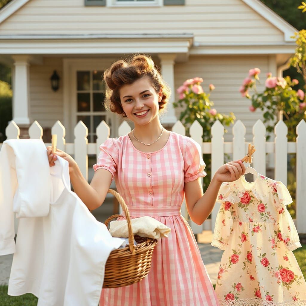 1950s Housewife Laundry Day: Hyperrealistic Americana Scene