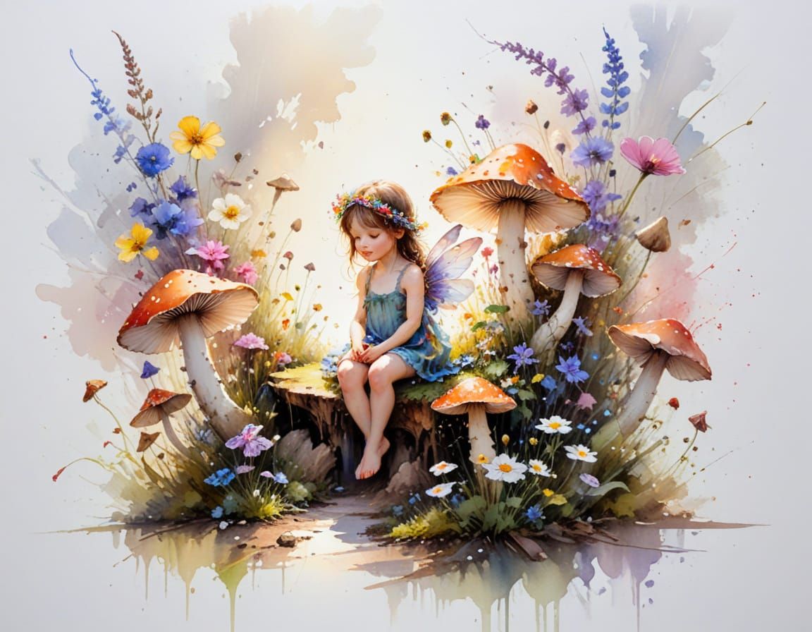 Miniature Fairy on Mushroom, Sunlit Fairytale Path