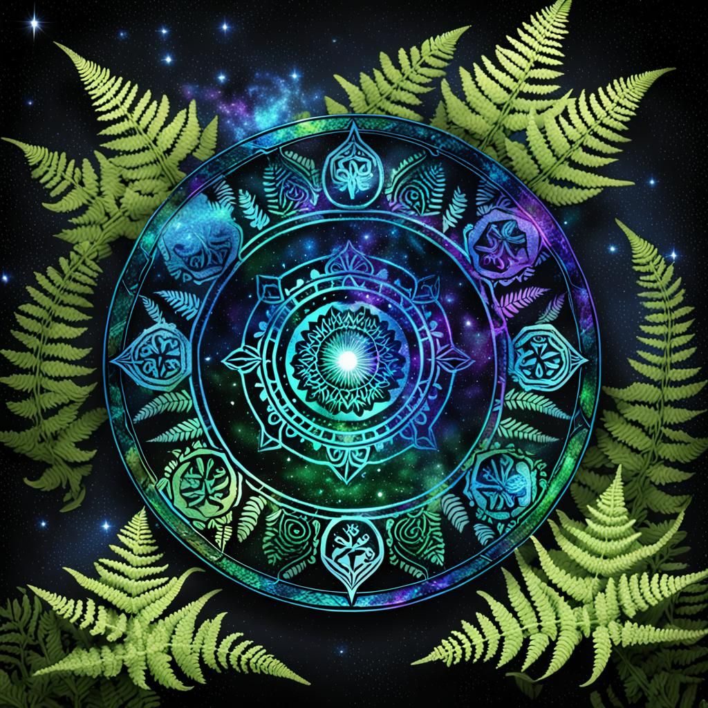 Bioluminescent Fern Forest Logo with Mandala Ornaments
