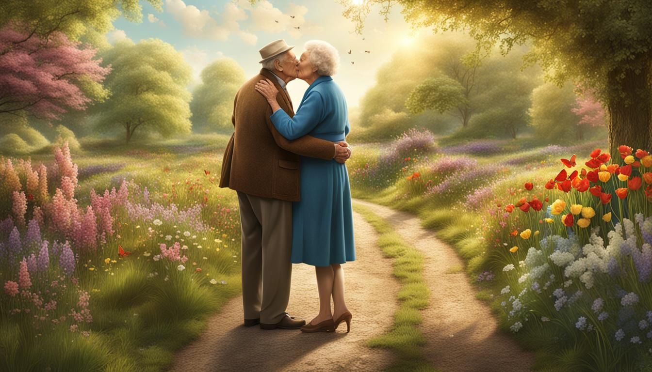 Elderly Couple's Romantic Kiss in Spring