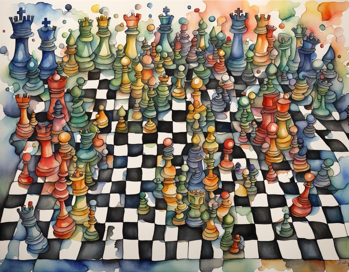 Chaotic Chess Game in Watercolor Zentangle Style
