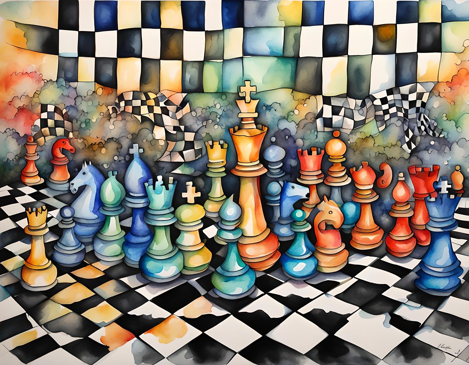 Chaotic Chess Game in Watercolor Zentangle Style