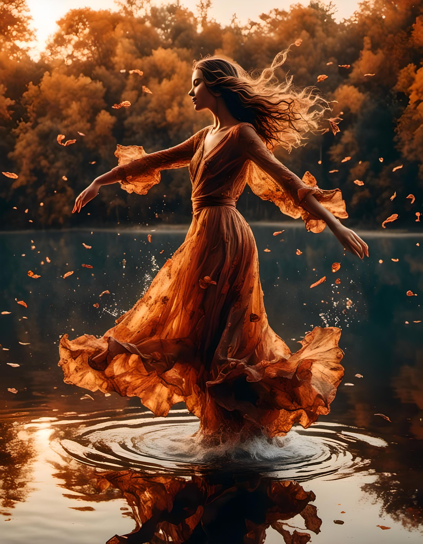 Hyperrealistic Woman Dancing on Water in Autumn