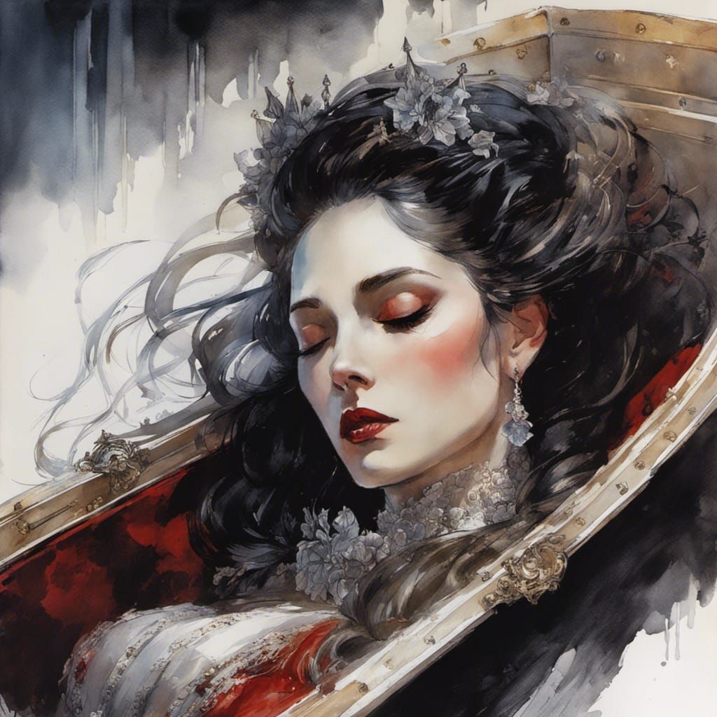 Vampire Queen Asleep in Victorian Coffin, Watercolor Portrai...