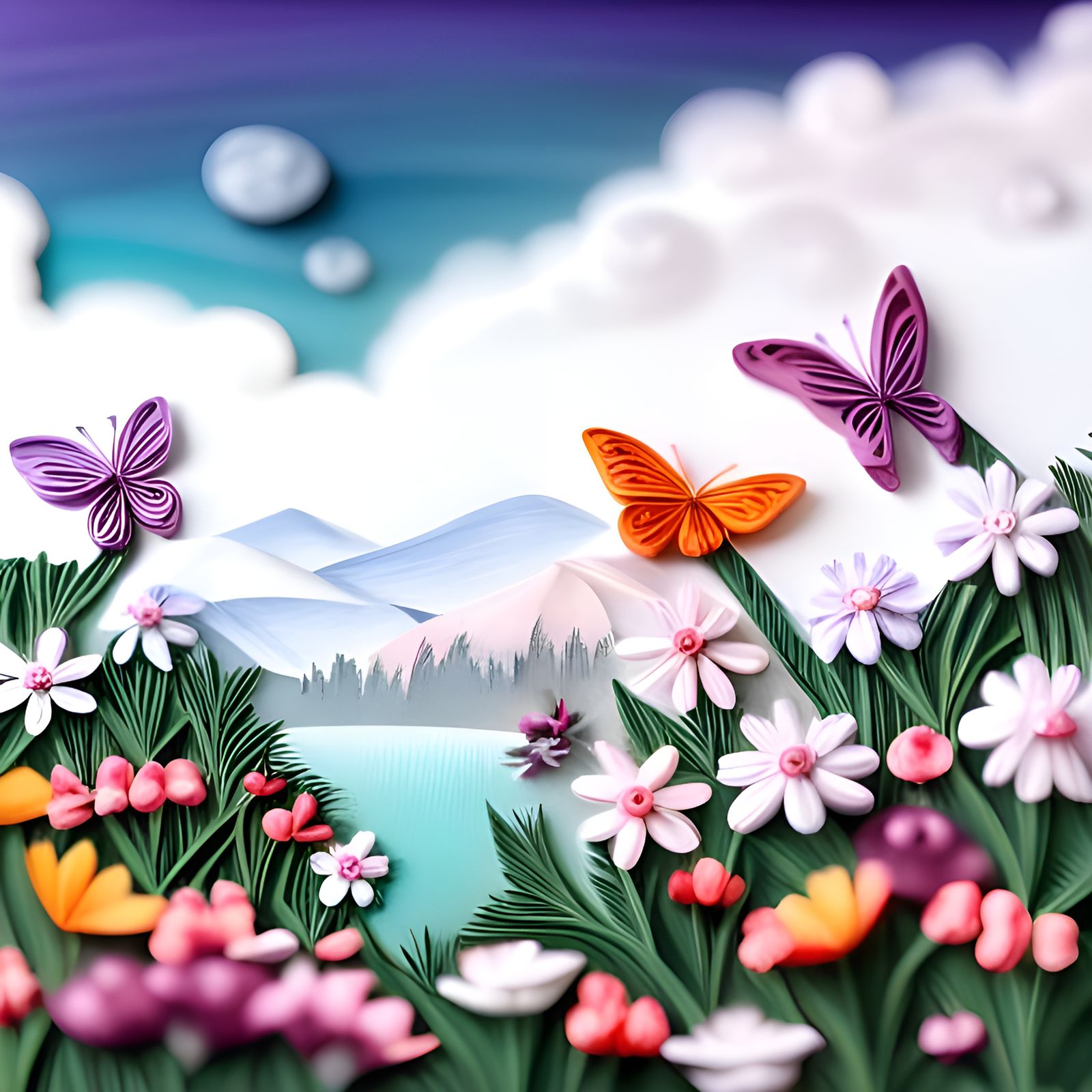 Purple Butterflies in Fantasy Forest: Surreal 3D Quilling Ar...