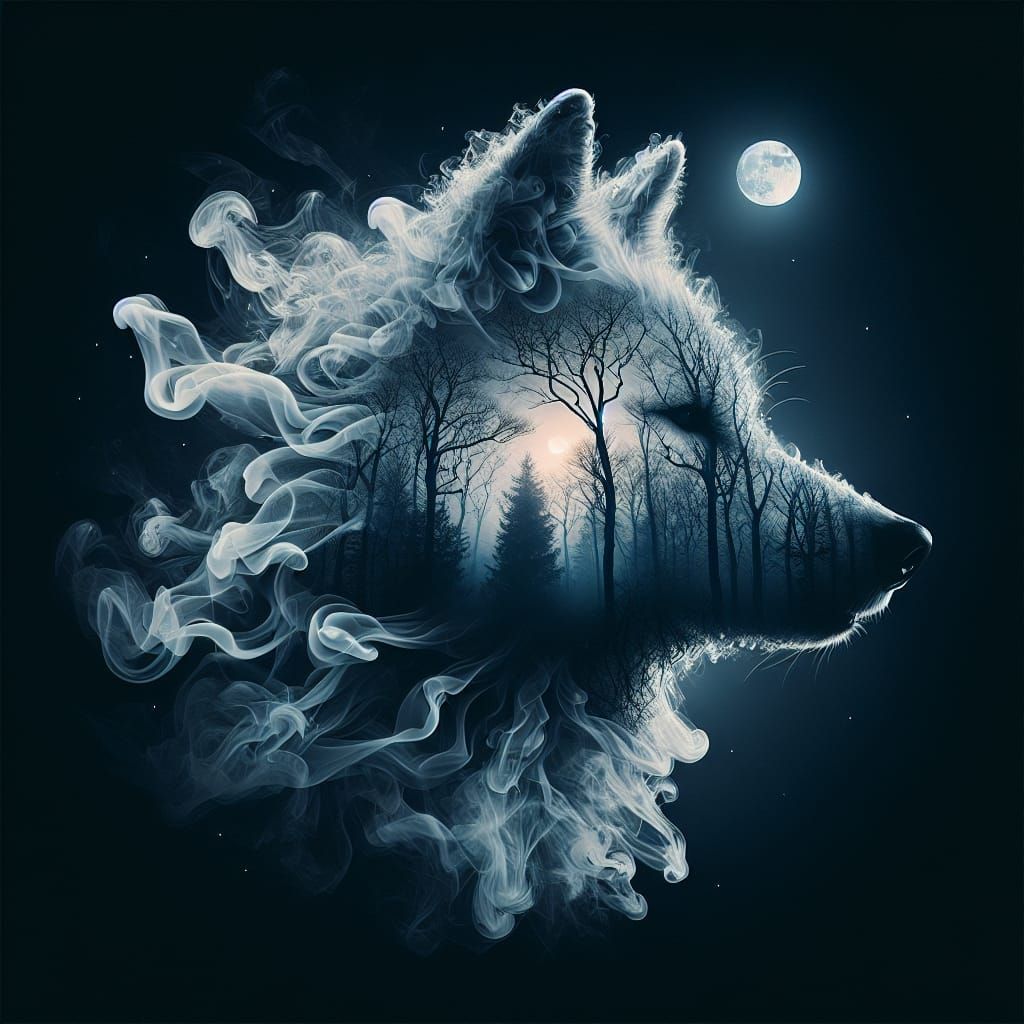 Smoky Wolf Profile with Forest Silhouette