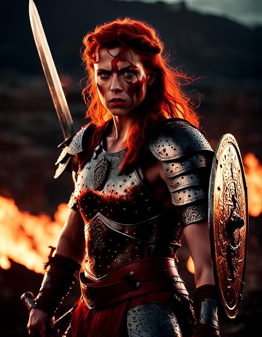 Red Sonja Ready for Battle: Cinematic Film Still