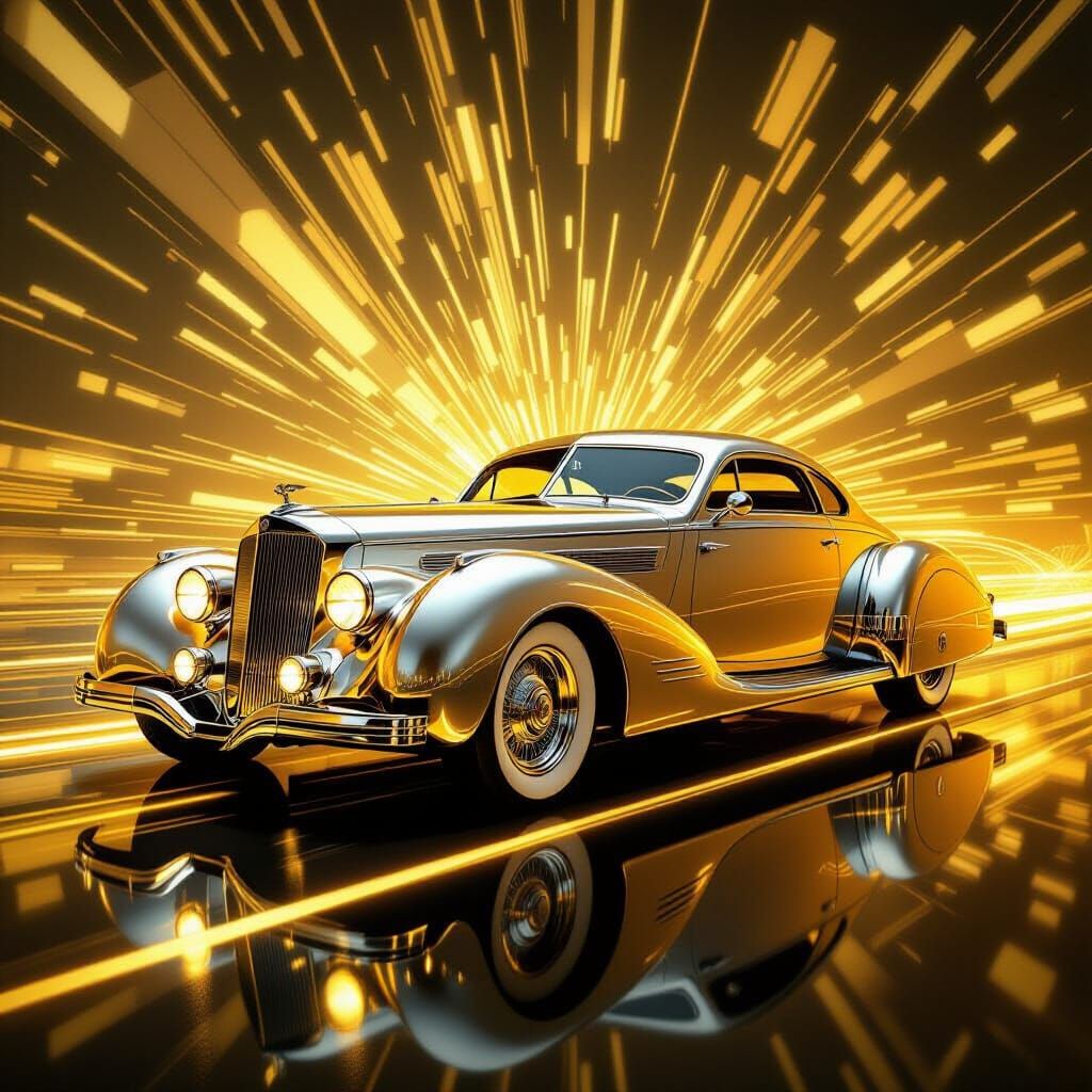 Art Deco Futuristic Car in Motion with Gold Accents