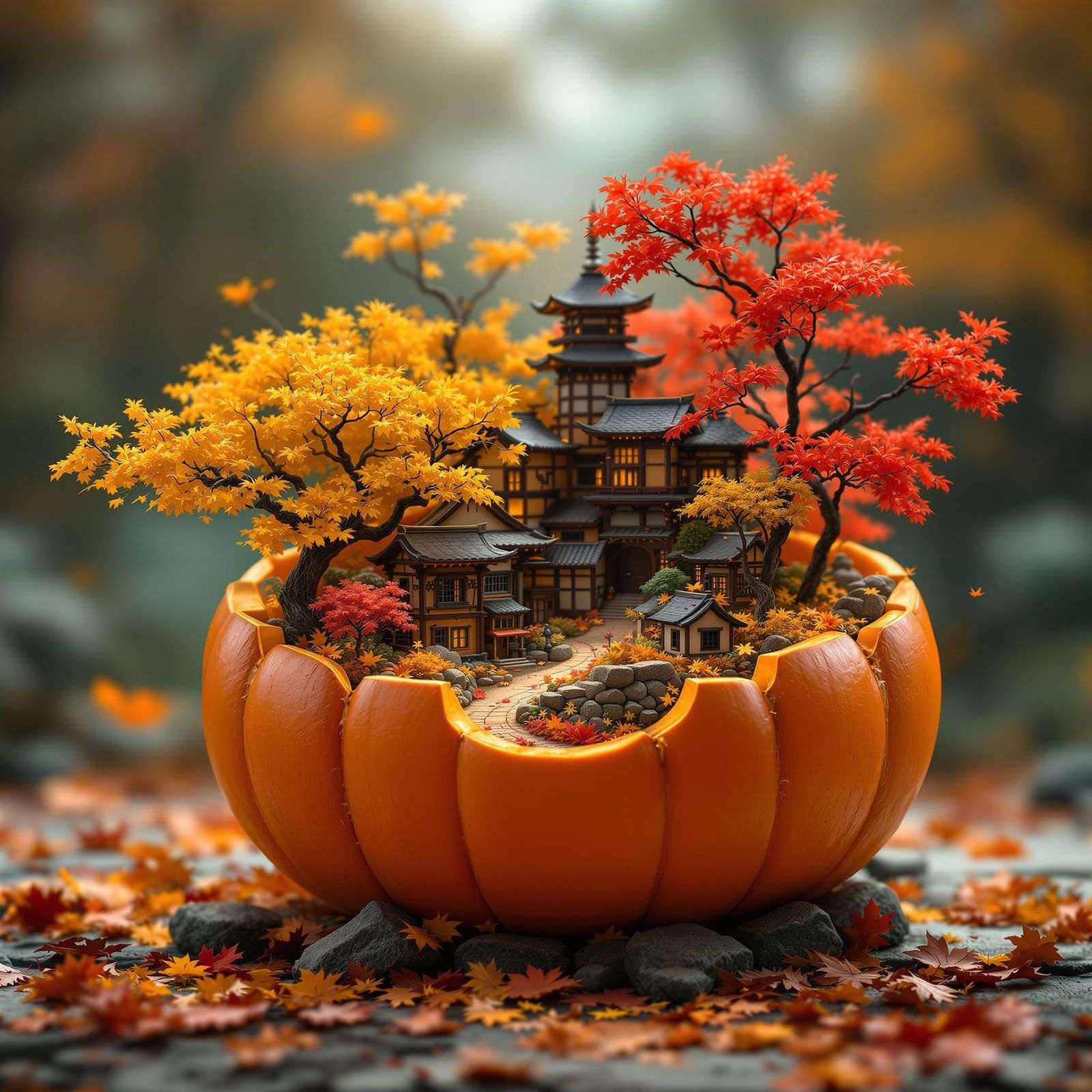 Miniature Japanese Village Inside Autumn Pumpkin