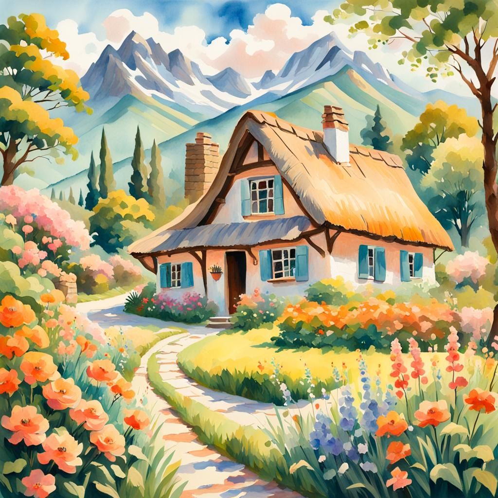 Idyllic Cottage in Lush Gardens: Gouache Impressionist Paint...