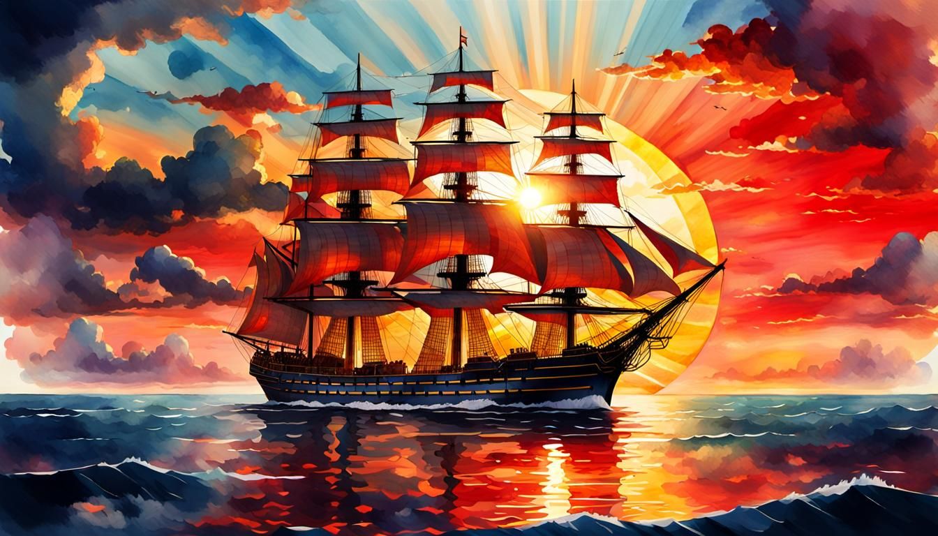 Sailing Ship at Sunset Watercolor Painting