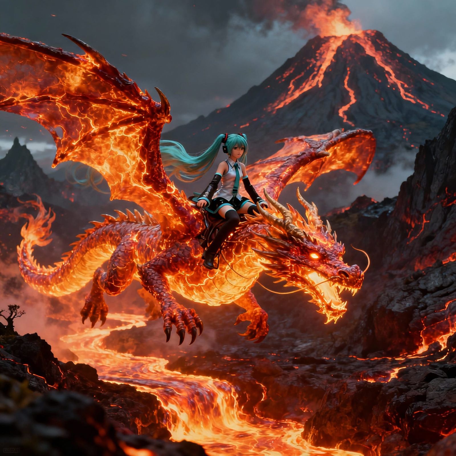 Hatsune Miku Rides a Molten Lava Dragon