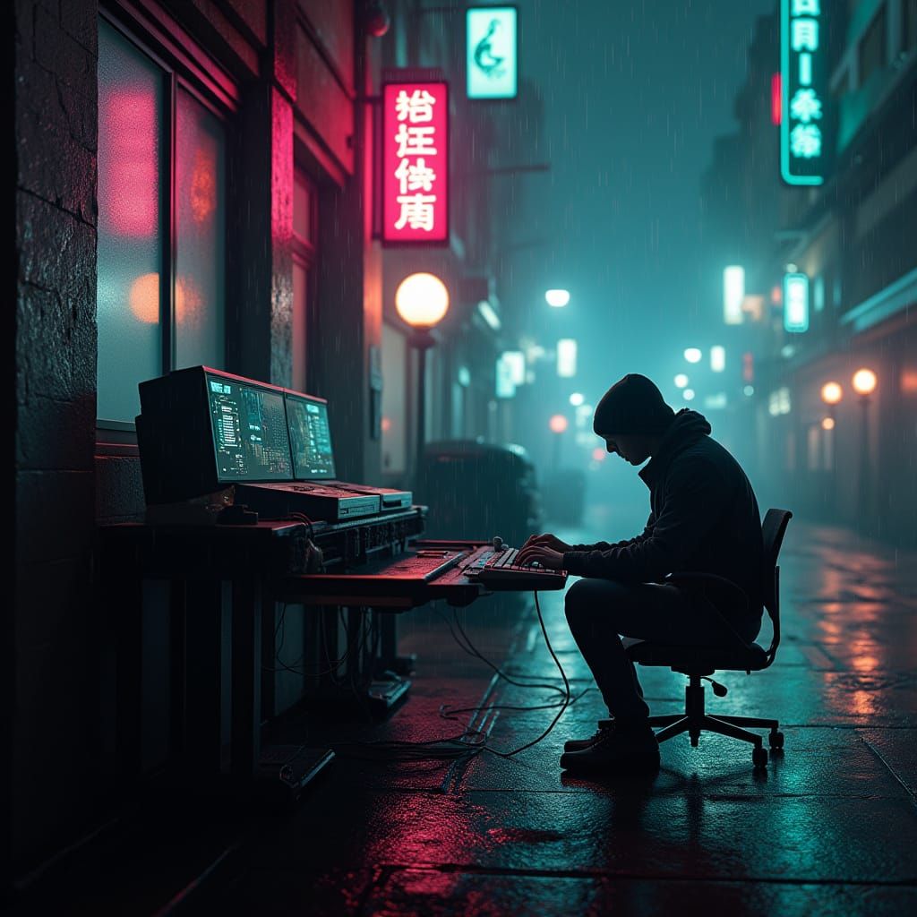 Cyberpunk Hacker in Neon Drenched Alleyway