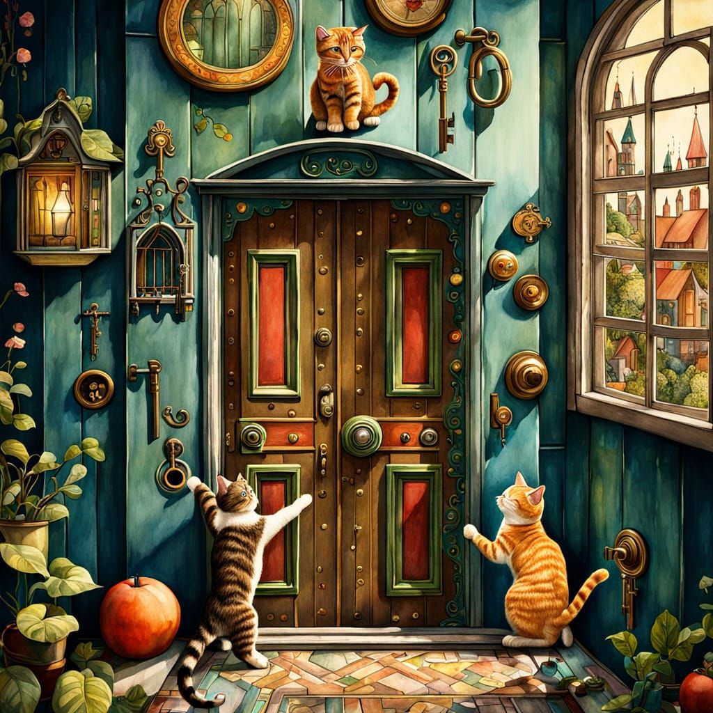 Whimsical Tabby Cat Reaching for Key in Door