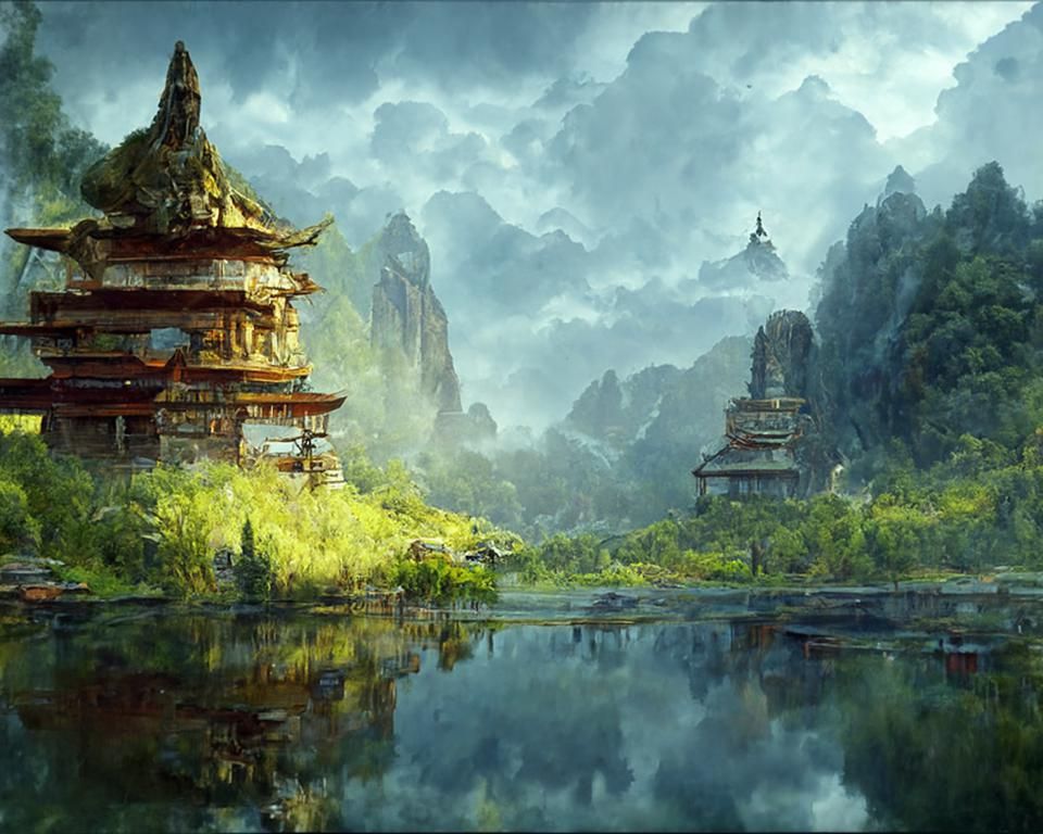 Serene Asian Temple in Wild, Fantasy Landscape