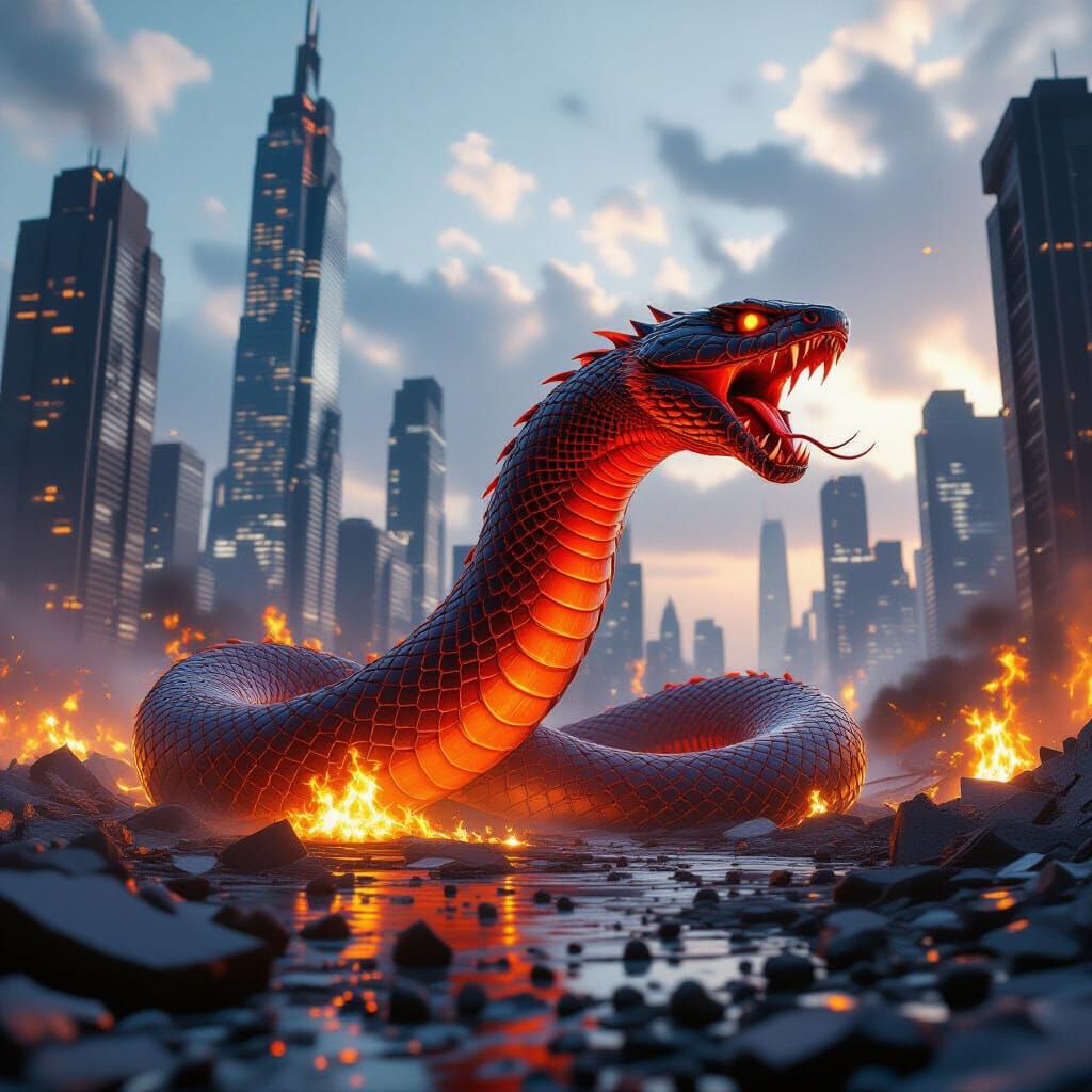 Flaming Viper Destroys Metropolis in Cinematic 3D