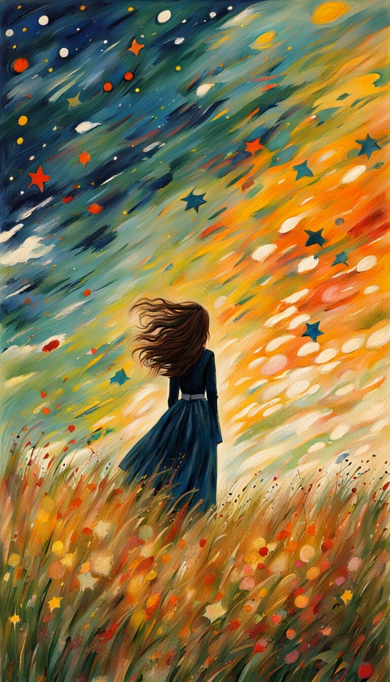 Woman in Starry Field: Expressionist Texture Painting