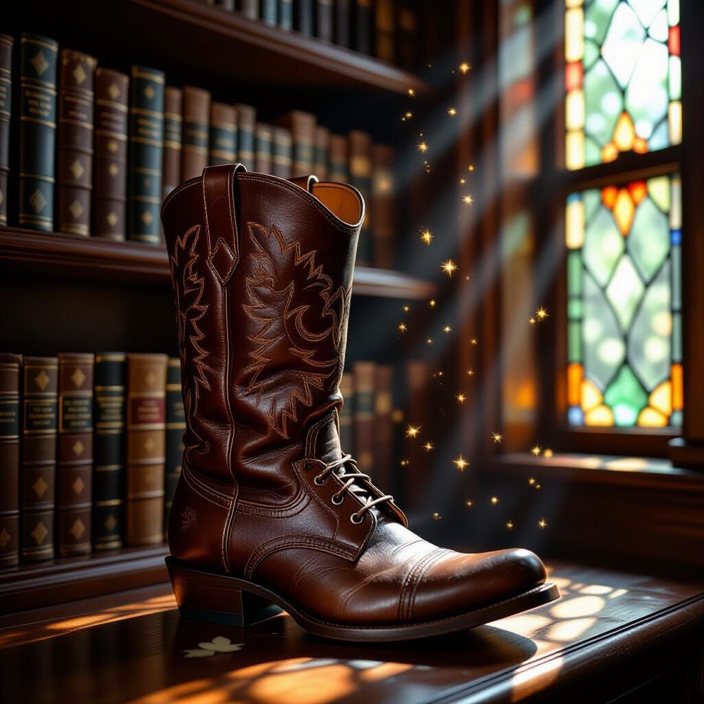 Antique Boot on Fantasy Bookshelf in Sunlight