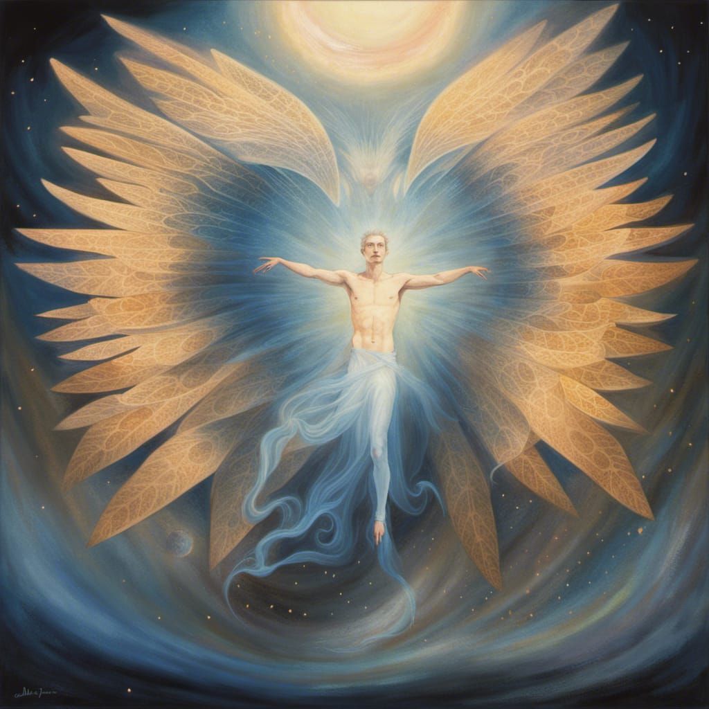 Man with Iridescent Wings and Runes in Blue