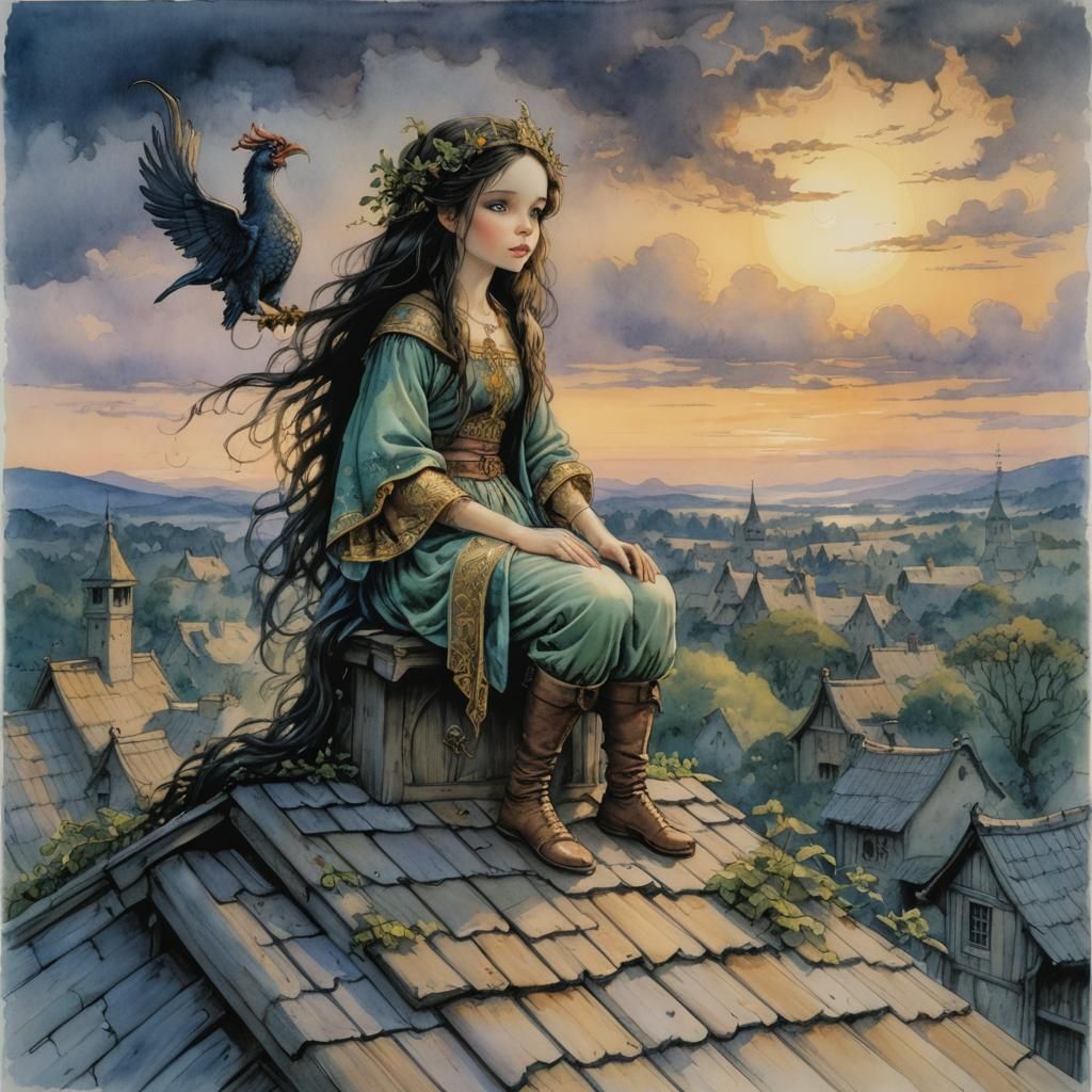 Cockatrice on Roof in Watercolour Painting Style