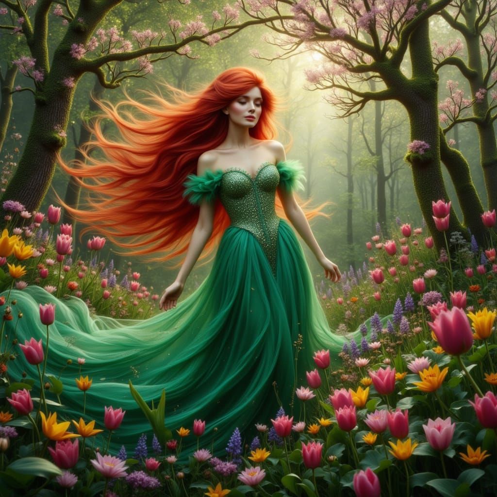 Forest Princess in Spring with Red Hair and Flowers