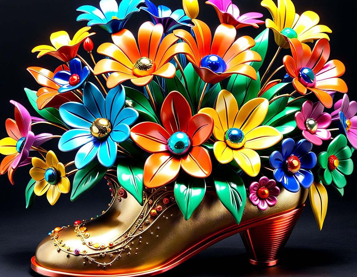 Metal Flowers Bloom From Slipper: 3D Digital Art