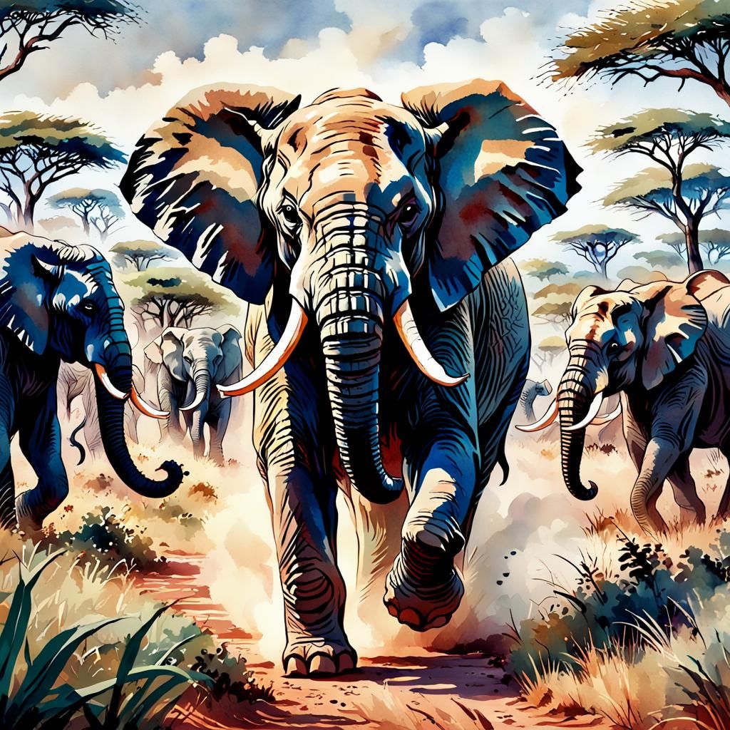 Enraged Elephant Charges Through African Bush: Watercolour