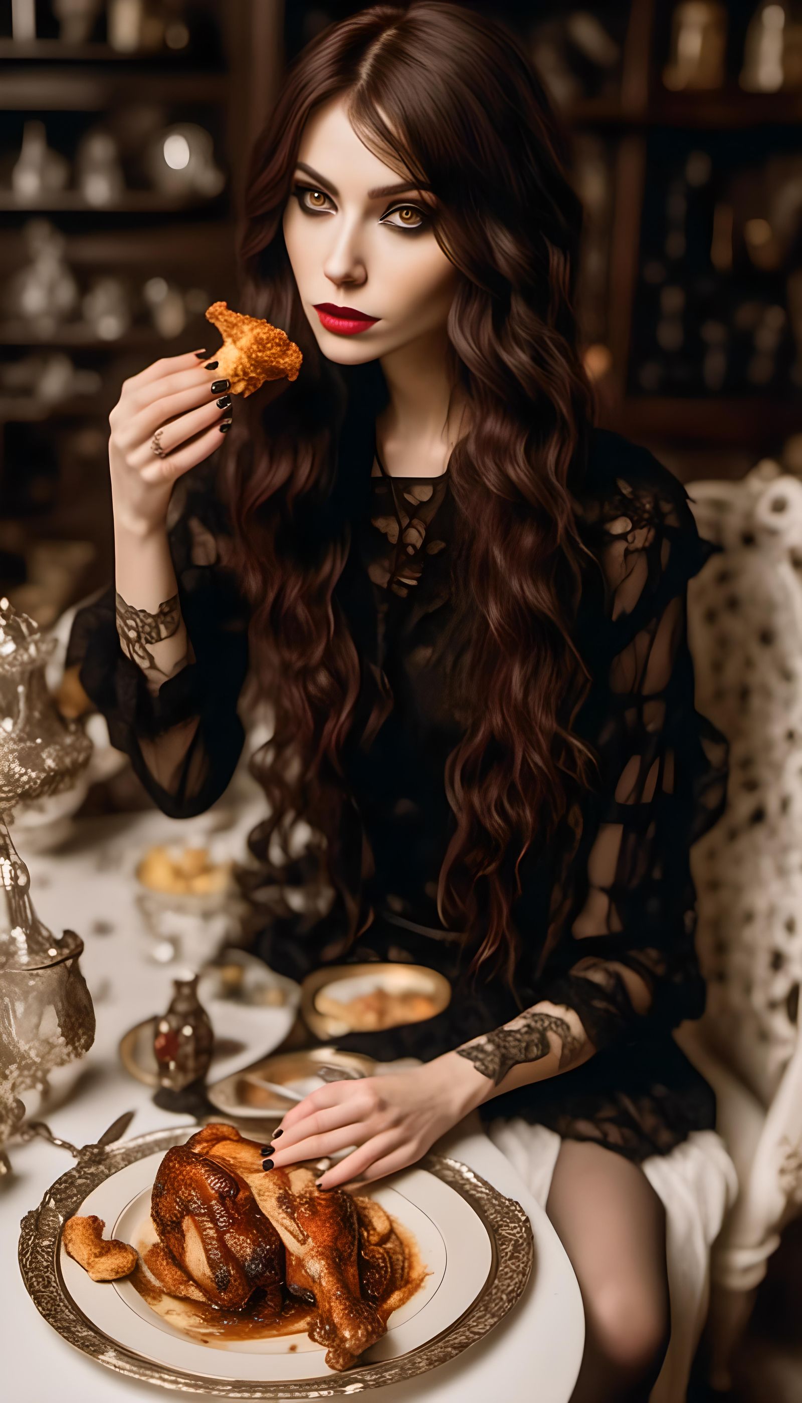 Enhanced Portrait of Woman Eating Chicken