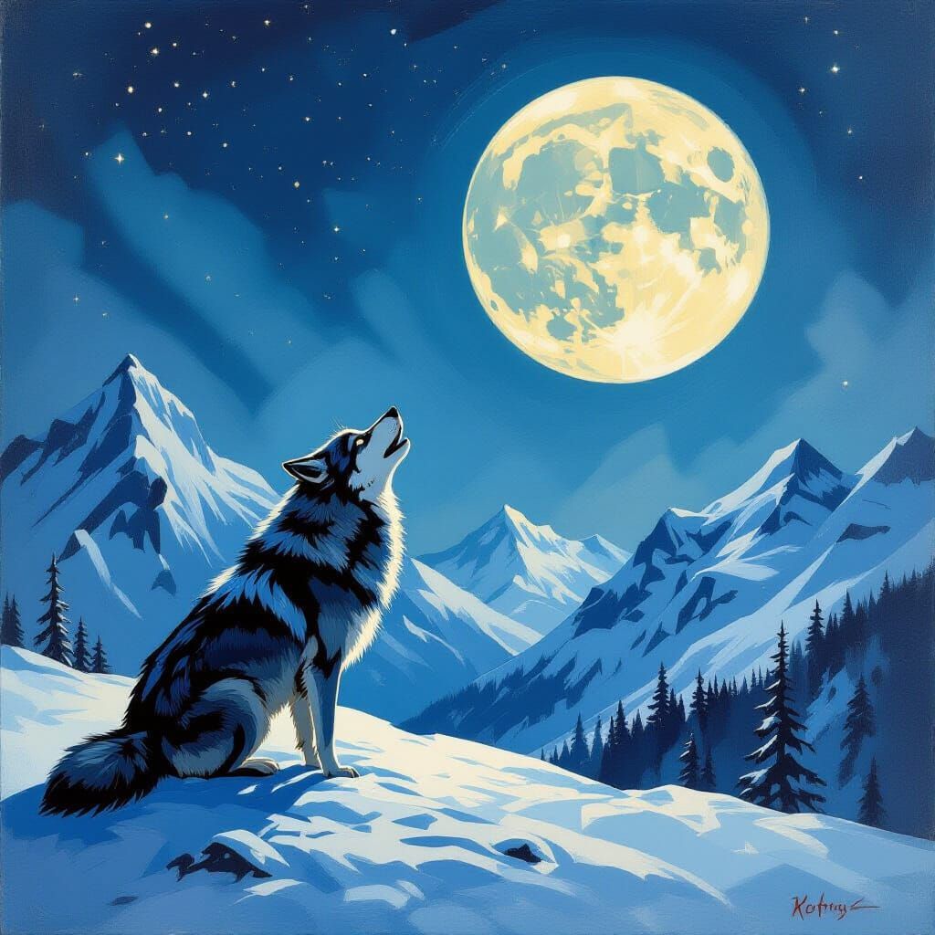 Lone Wolf Howling at Ethereal Moon in German Expressionist S...