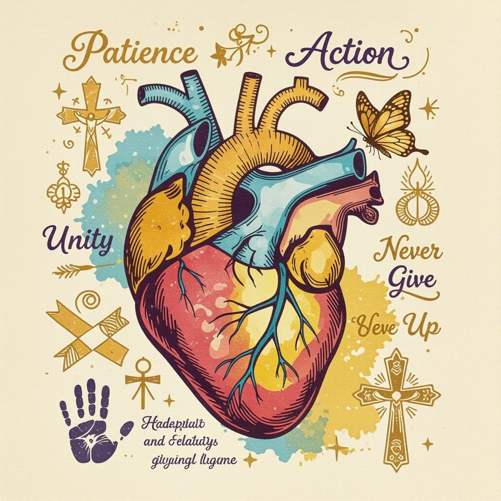 Vintage Heart with Spiritual Symbols and Motivational Words