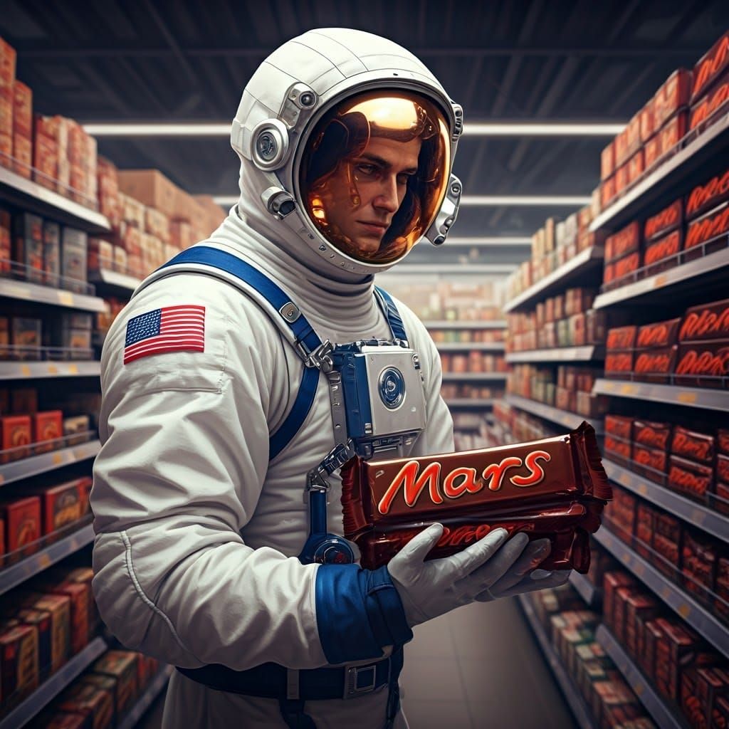 An astronaut in a supermarket buying Mars Bars