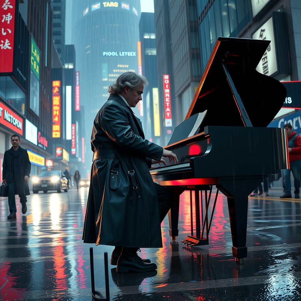 Cyberpunk Beethoven Plays Neon Piano in Rainy City