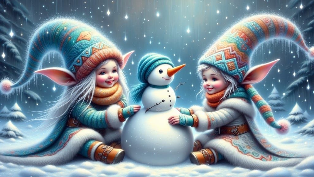 Winter Elves Build a Majestic Snowman in a Whimsical Wonderl...