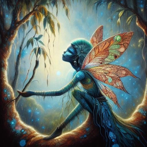 Fairy in Eucalyptus Tree, Aboriginal Dot Art